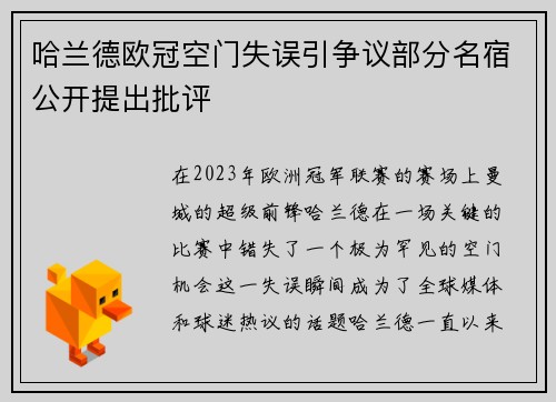 哈兰德欧冠空门失误引争议部分名宿公开提出批评